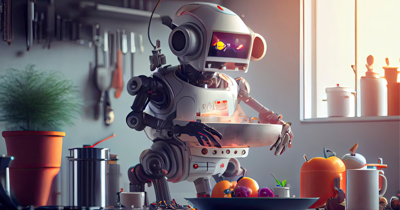 Digitales Kunstwerk, dass einen Kochroboter beim Kochen in einer Küche zeigt.